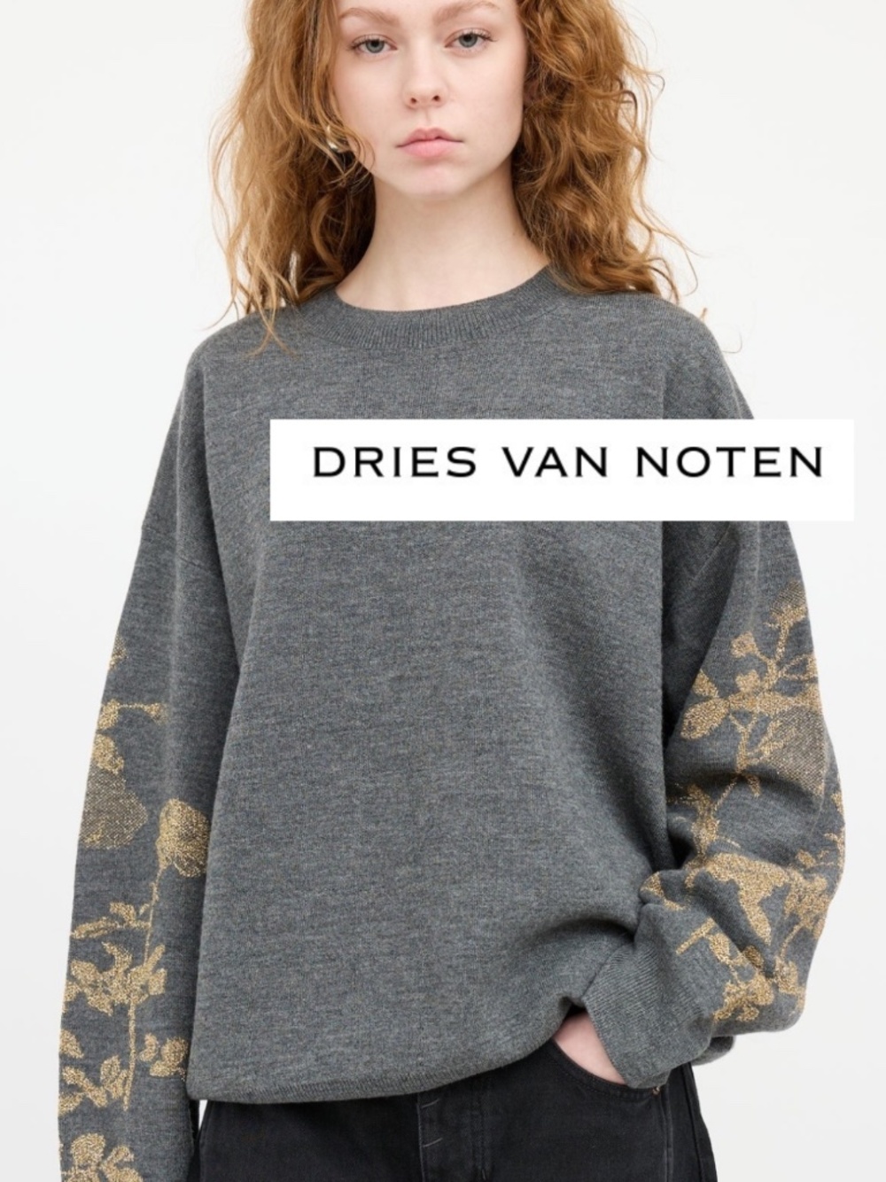 NWOT Dries Van Noten Grey/Gold metallic sweater, L, GP1556